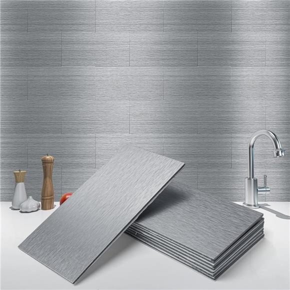 32-Piece Peel and Stick Backsplash Tiles Brushed Metal Subway Silver 3